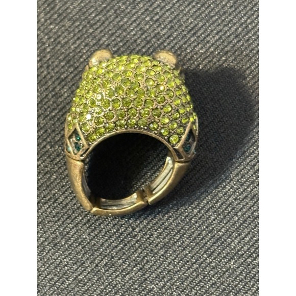 Chicos Owl Stretch Ring Size 7-9 Green Teal Rhinestone Gold Tone Statement - Picture 2 of 6